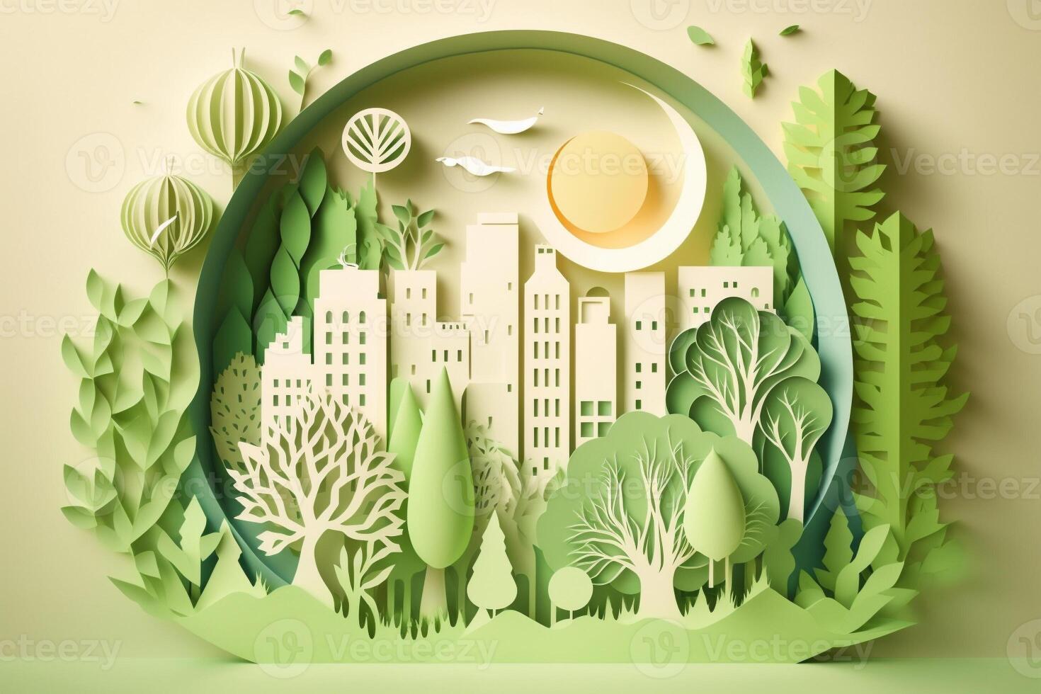 papel arte estilo , papel cortar do eco cidade Projeto verde energia conceito e meio Ambiente conservação. gerar ai foto