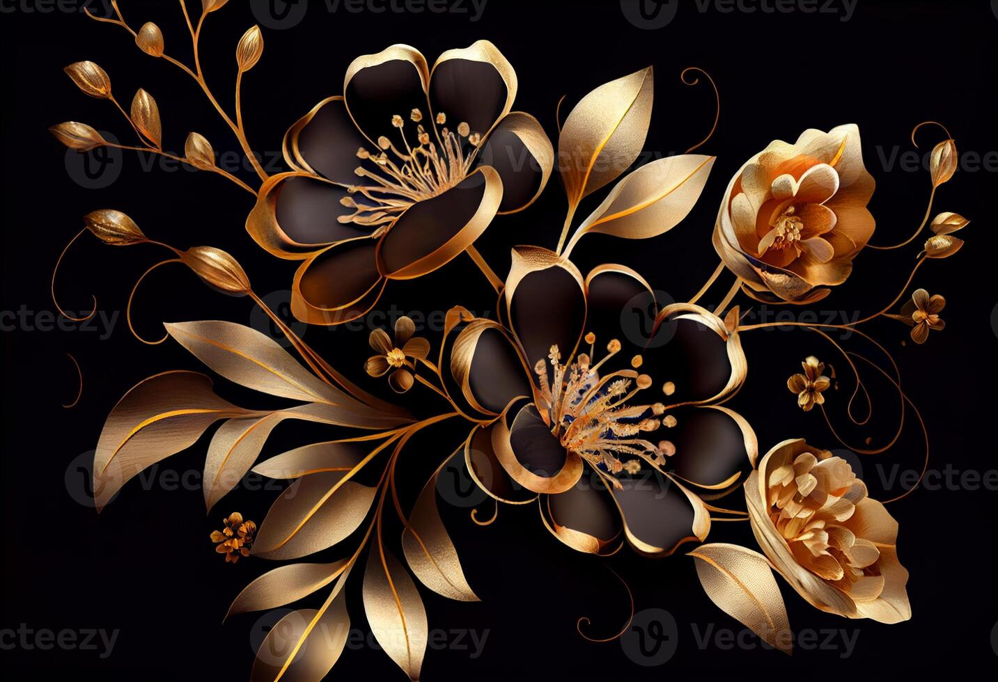 foto dourado flores em Preto fundo elegante floral papel de parede. gerar ai