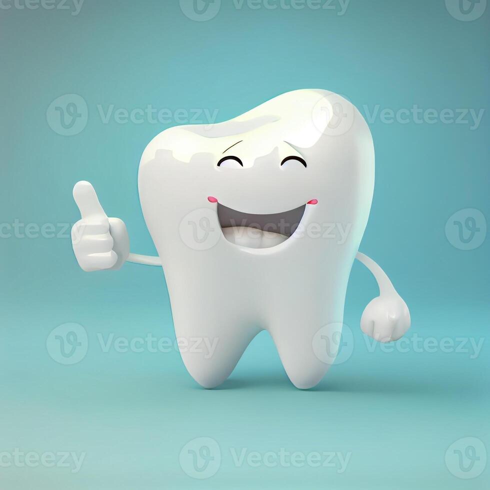 3d realista feliz branco dente , dente desenho animado personagens com polegares acima em brilhante fundo , limpeza e branqueamento dentes conceito. gerar ai foto