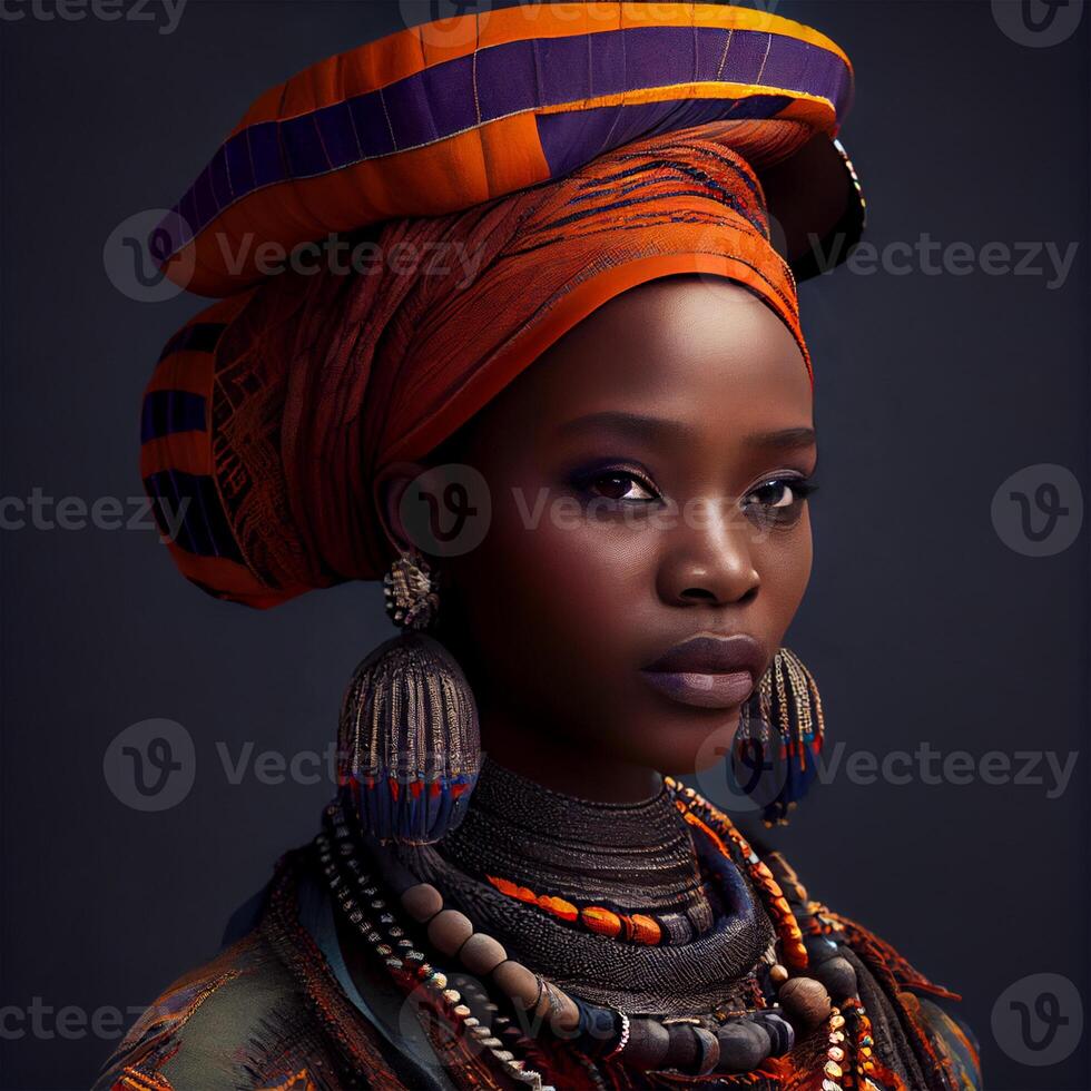 retrato realista gráficos do a africano mulher com Forte facial características dentro nacional roupas - ai gerado imagem foto