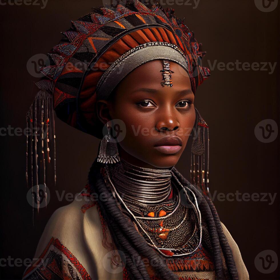 retrato realista gráficos do a africano mulher com Forte facial características dentro nacional roupas - ai gerado imagem foto