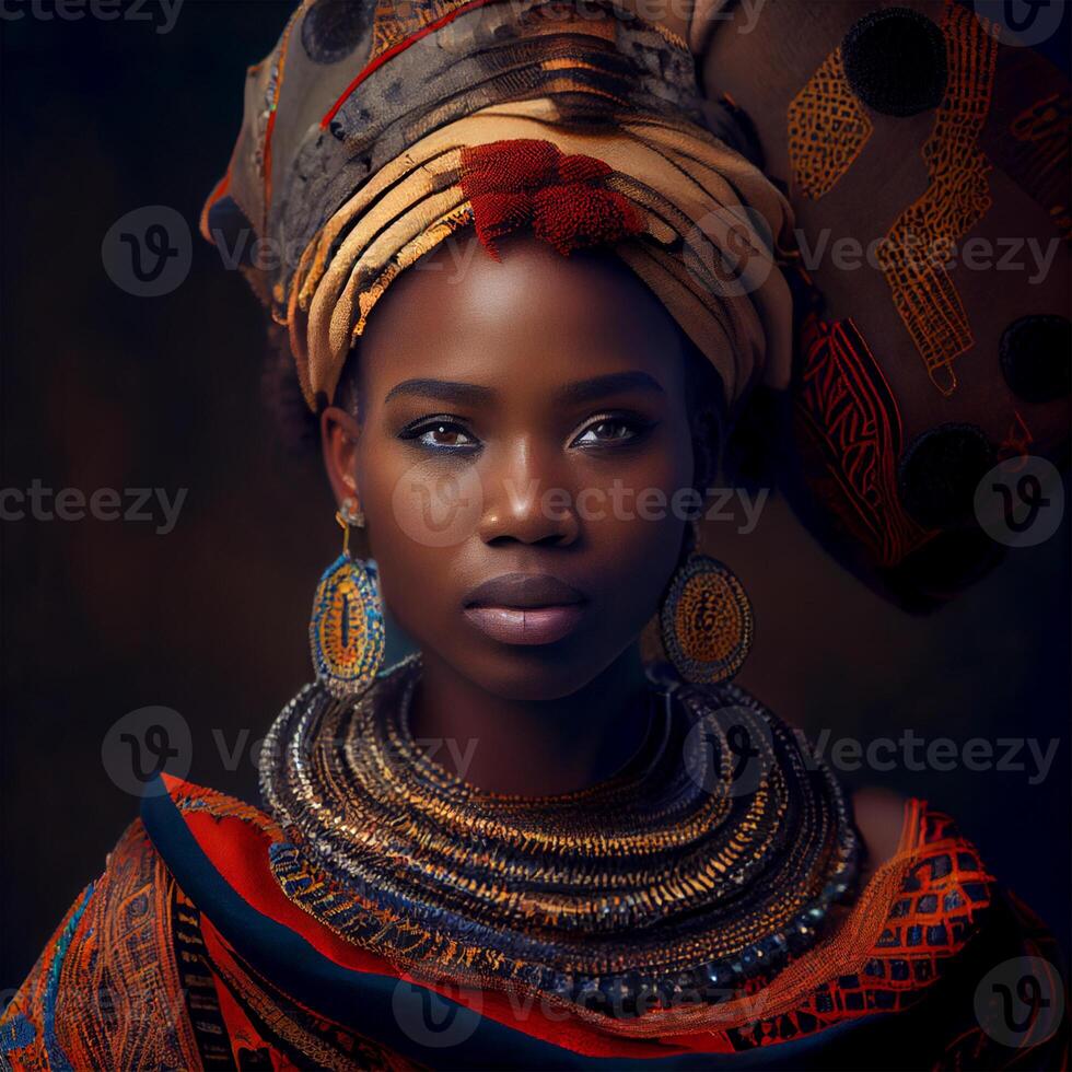 retrato realista gráficos do a africano mulher com Forte facial características dentro nacional roupas - ai gerado imagem foto