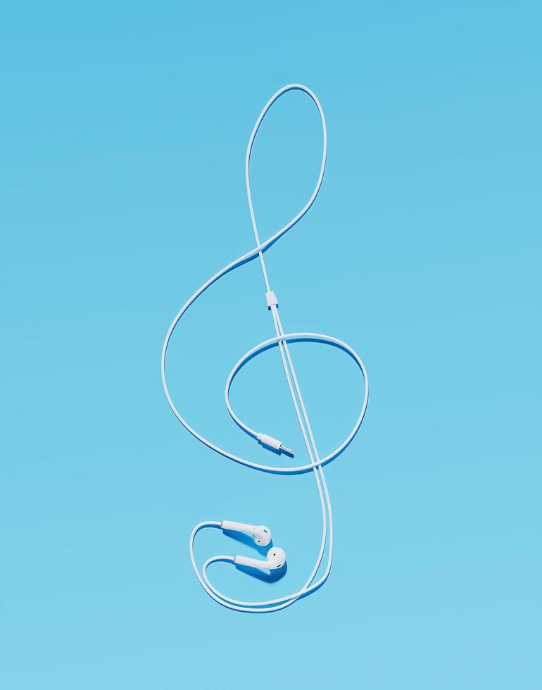 fones de ouvido com cabo fazendo a forma de clave de sol em fundo azul, renderização em 3D foto