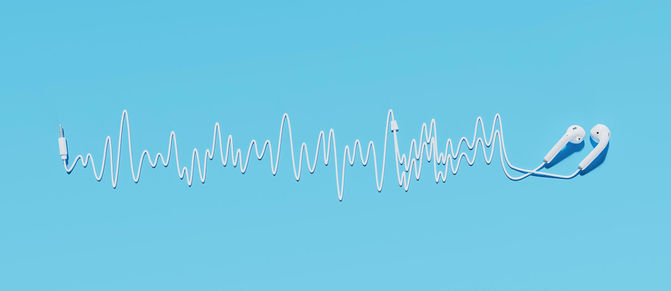 fones de ouvido com cabo fazendo uma onda sonora em um fundo azul, renderização em 3D foto