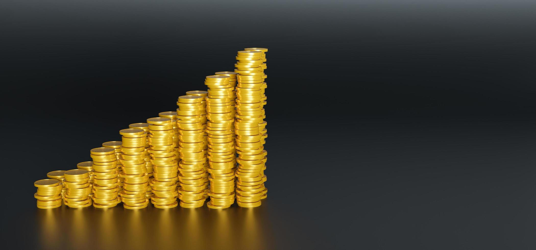 montanha crescente de moedas de ouro em fundo preto, renderização em 3D foto