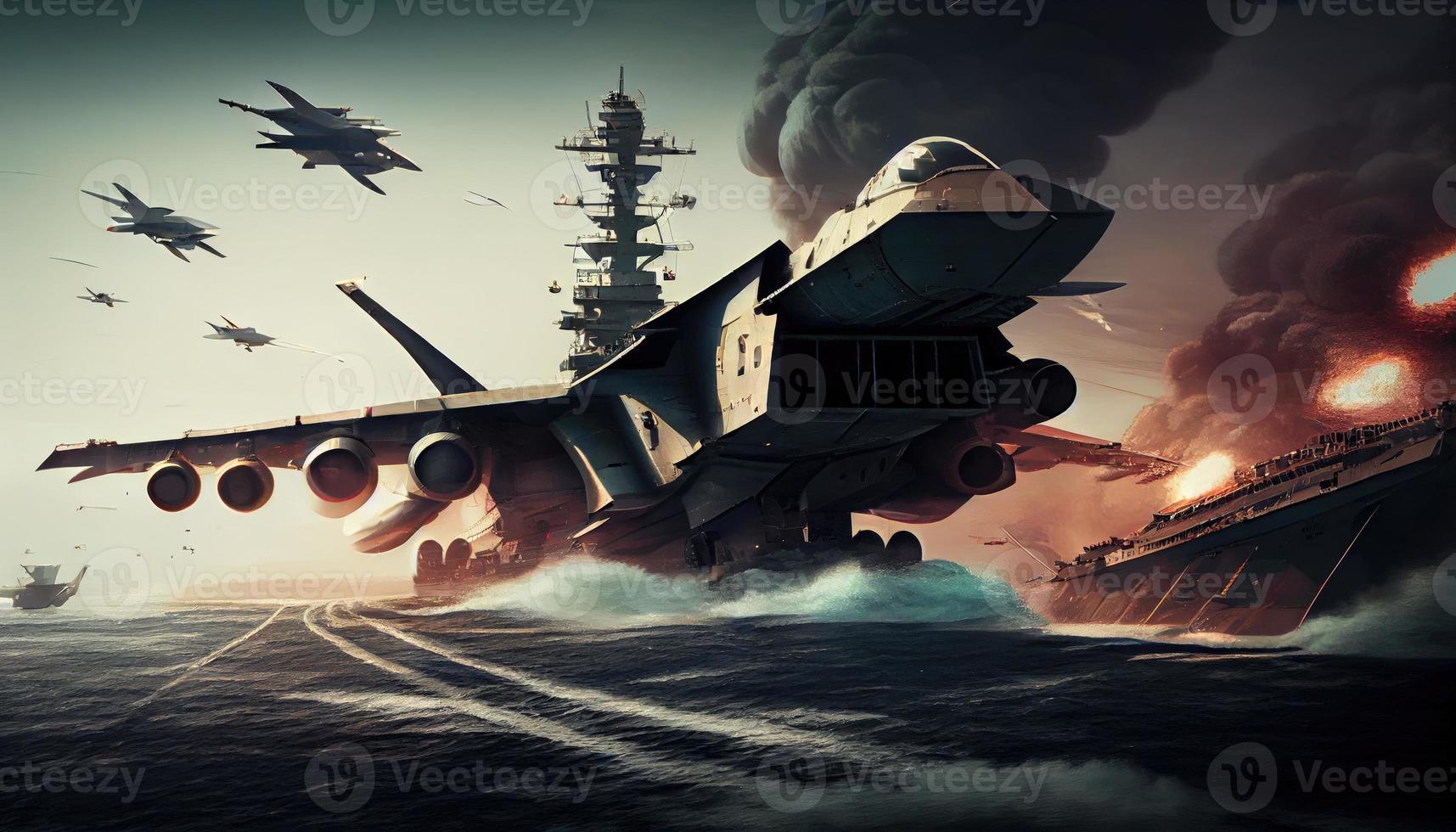 militares aeronave transportadora navio com lutador jatos levar fora durante uma especial Operação às uma warzone. gerar ai. foto