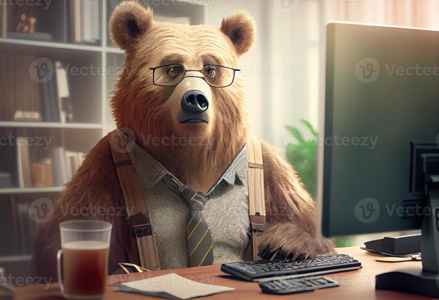 retrato do a antropomórfico Urso Como uma desenvolvedor dentro a escritório. gerar ai. foto