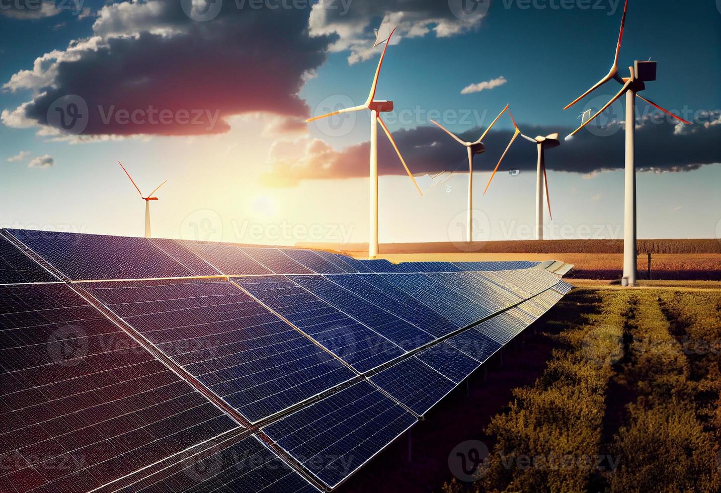 vento turbinas e solar painéis Fazenda dentro uma campo. renovável verde energia. gerar ai. foto