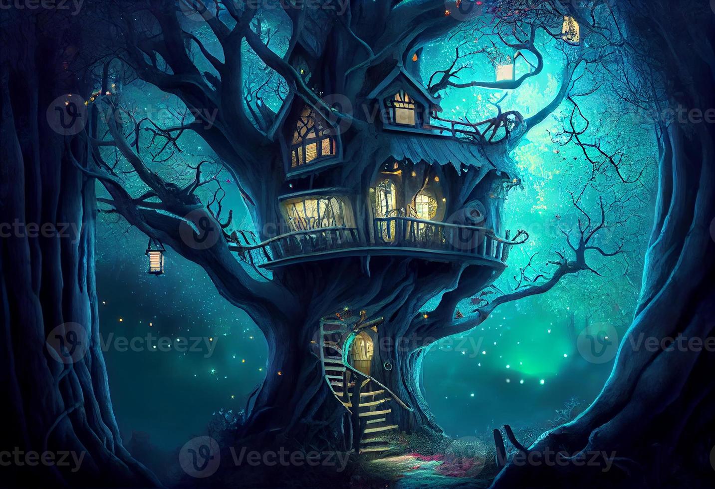 mágico fantasia fada conto cenário do árvore casa às noite dentro uma floresta. gerar ai. foto