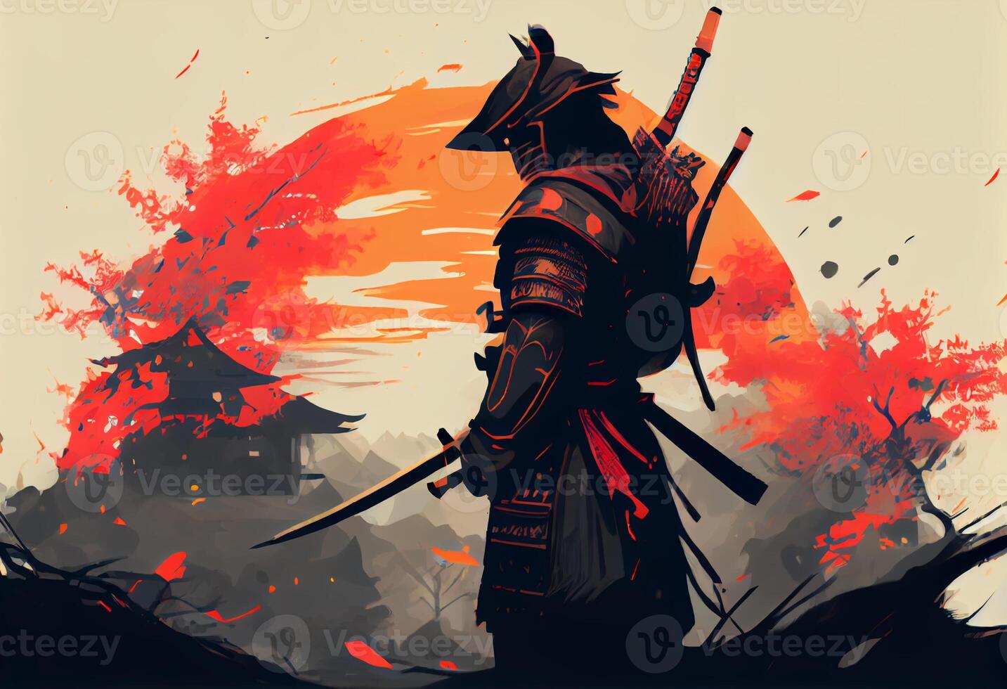 ilustração pintura uma samurai com uma Katana carrinhos pronto para luta contra uma enorme exército.. gerar ai. foto