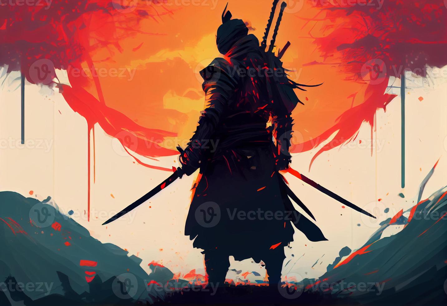 ilustração pintura uma samurai com uma Katana carrinhos pronto para luta contra uma enorme exército.. gerar ai. foto
