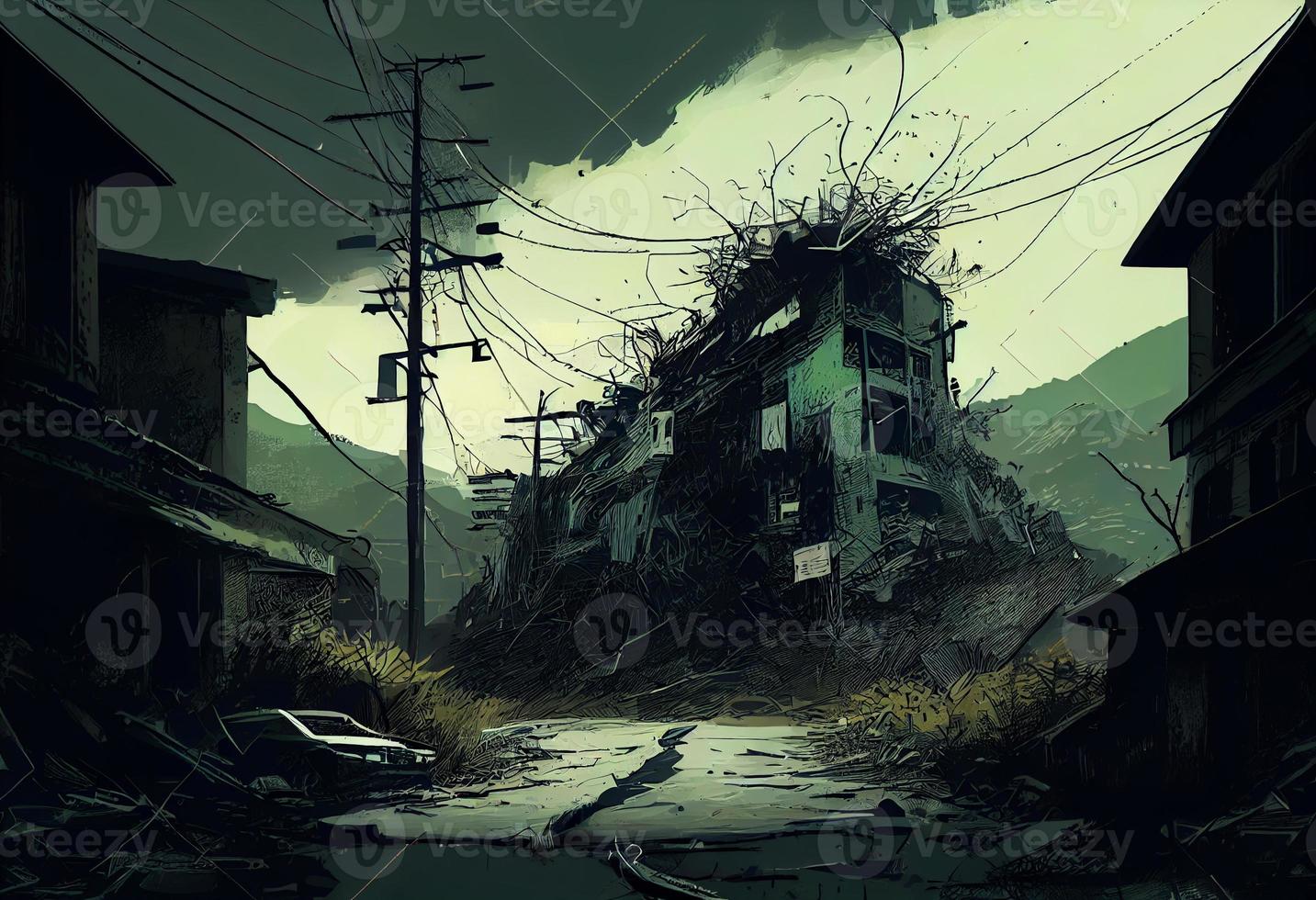 ilustração pintura do destruído abandonado cidade, zumbi apocalipse. gerar ai. foto