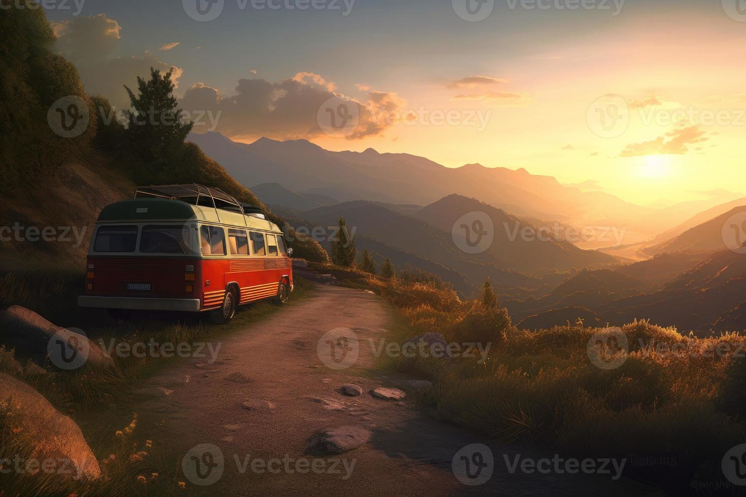 Van de campista dentro montanhas às pôr do sol. gerar ai foto