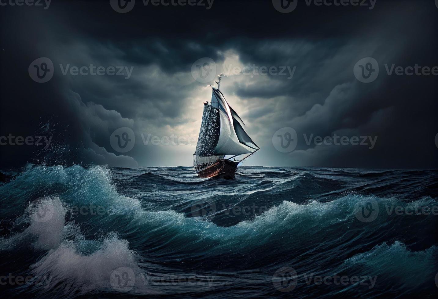 barco a vela contra uma fundo do mar e tempestade. gerar ai. foto