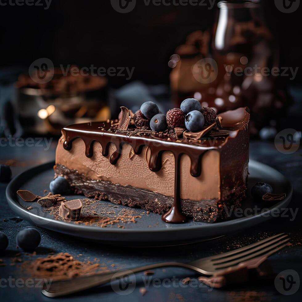 peça do chocolate bolo de queijo com fresco amoras e chocolate. generativo ai foto