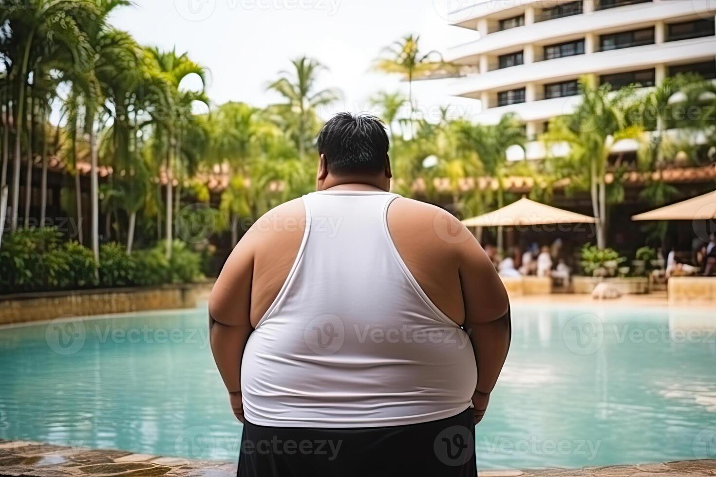 gordo homem às verão Férias perto natação piscina. obesidade problema. generativo ai foto