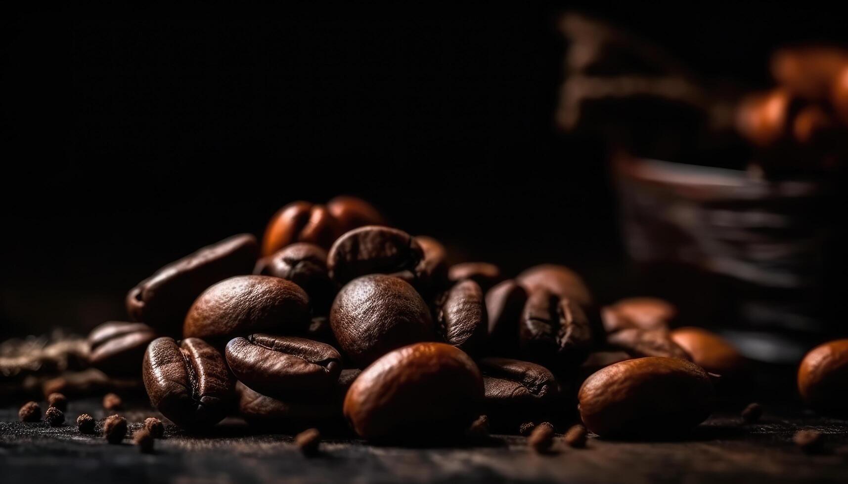 assado café feijões fechar-se em Sombrio defocussed e borrado fundo. generativo ai foto