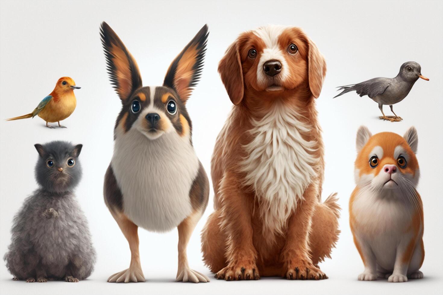 grupo do animais de estimação dentro frente do uma branco fundo. 3d Renderização generativo ai foto