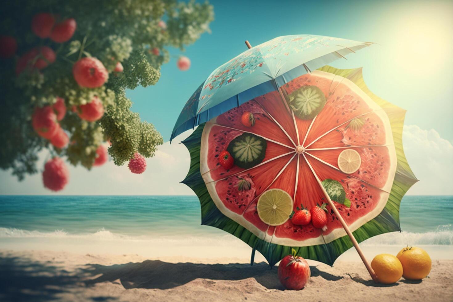 frutas debaixo guarda-chuva em a de praia. verão conceito 3d Renderização generativo ai foto