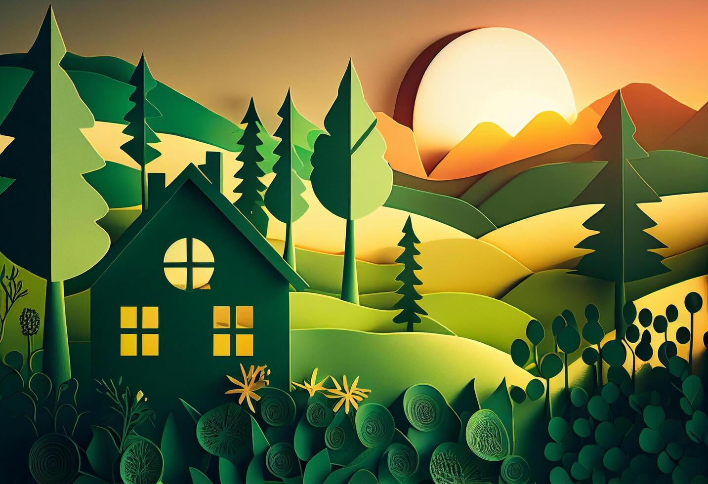 ilustração do verde floresta com casa às pôr do sol. papel arte estilo. generativo ai foto