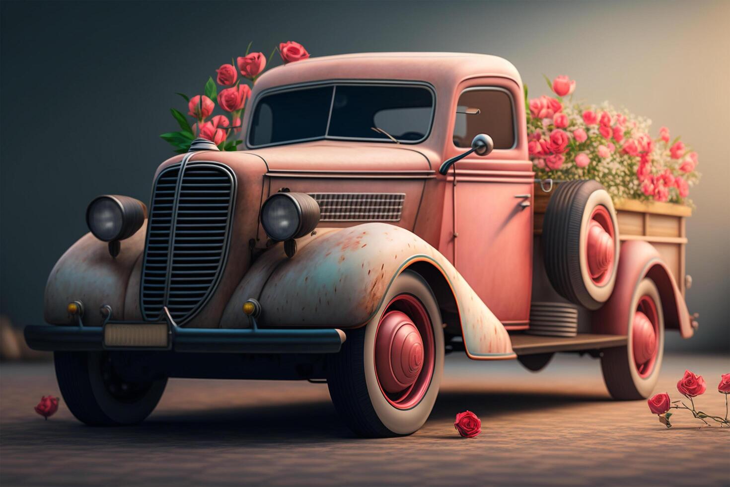 vintage caminhão com flores em isolado fundo. 3d Renderização. generativo ai foto