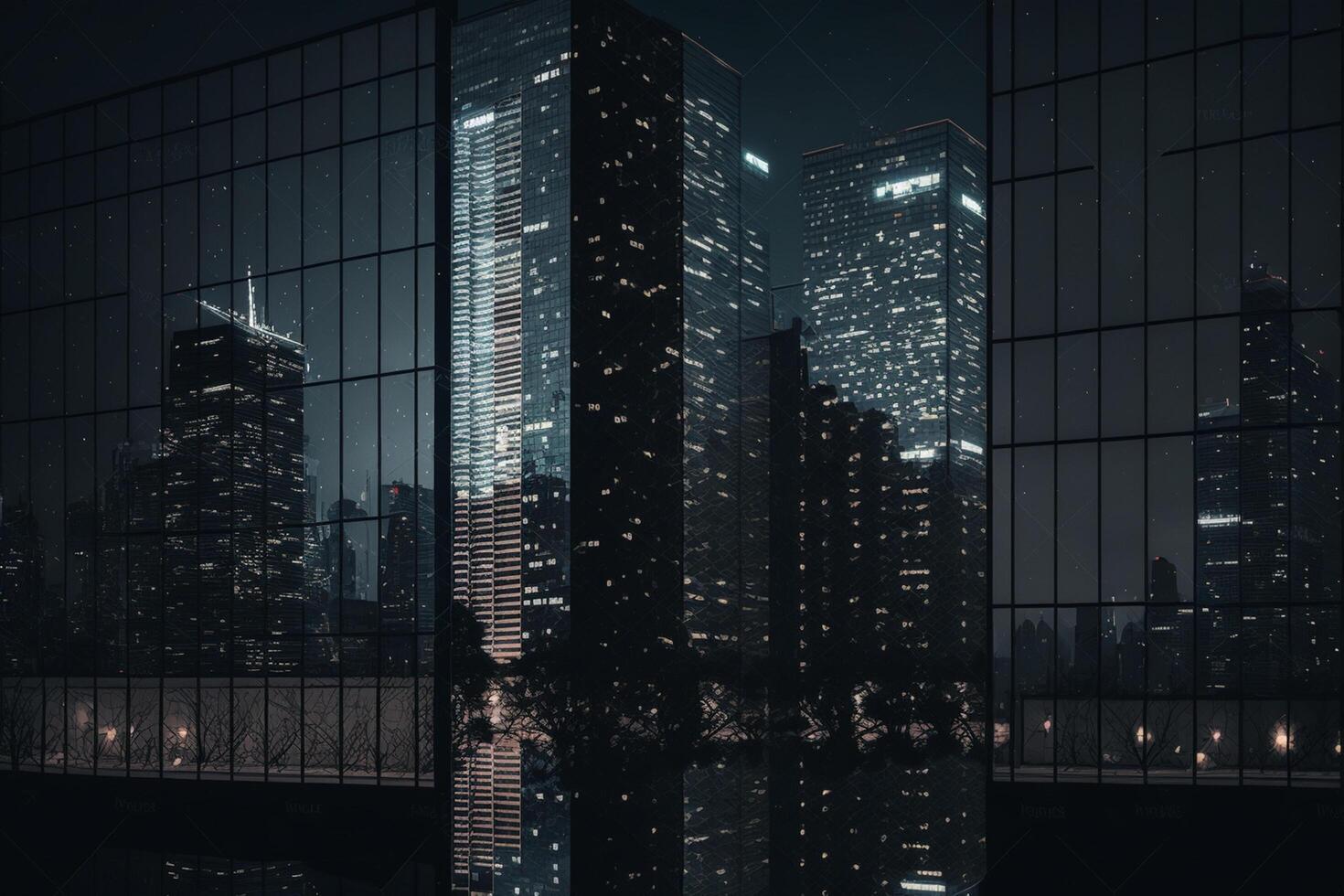 Duplo exposição do arranha-céus dentro a cidade às noite com reflexão generativo ai foto