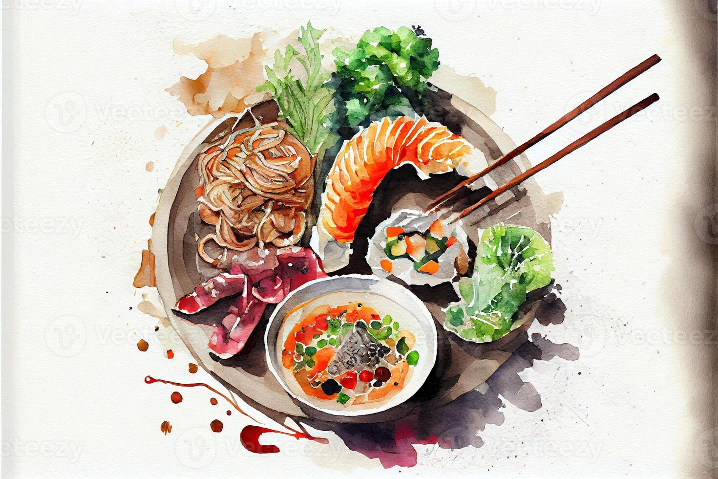 generativo ai ilustração do knolling japonês cozinha comida, aguarela pintura estilo, conjunto do ásia Comida foto