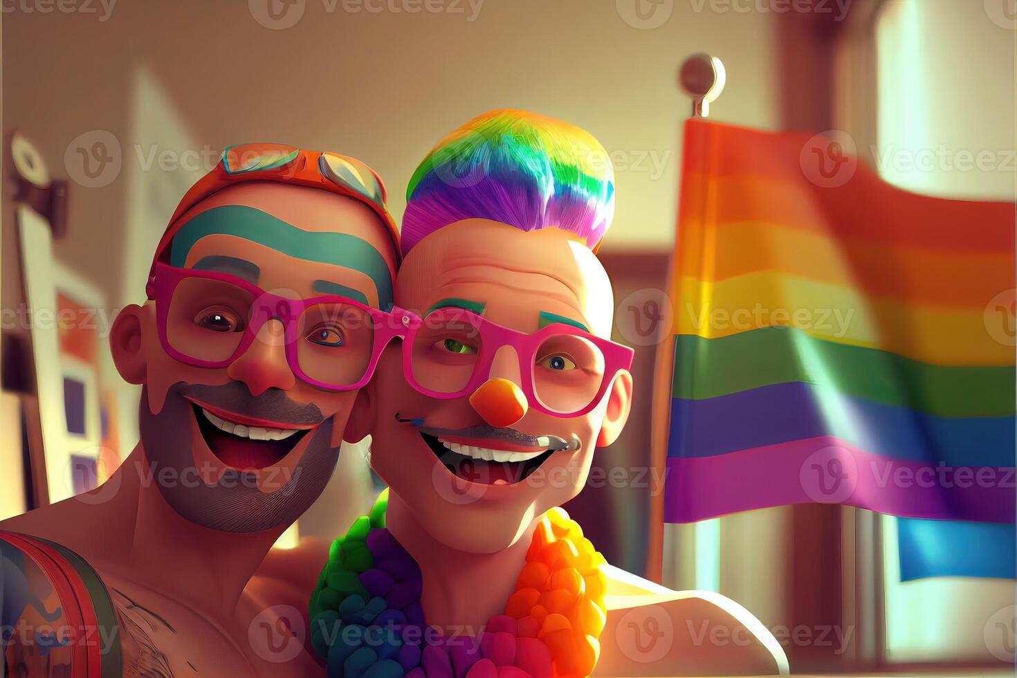 generativo ai ilustração do diversidade jovem gay mulheres e homens com acenando orgulho arco Iris bandeira. apoiantes do a lgbt comunidade. neural rede gerado arte. digitalmente gerado imagem. foto