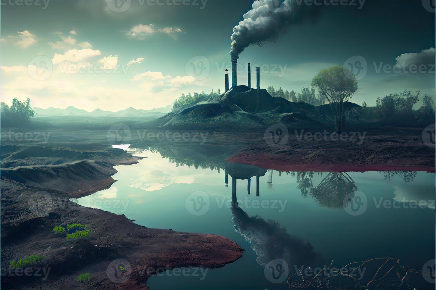 generativo ai ilustração do panorama com ecológico desastre. poluído terra e oceano foto