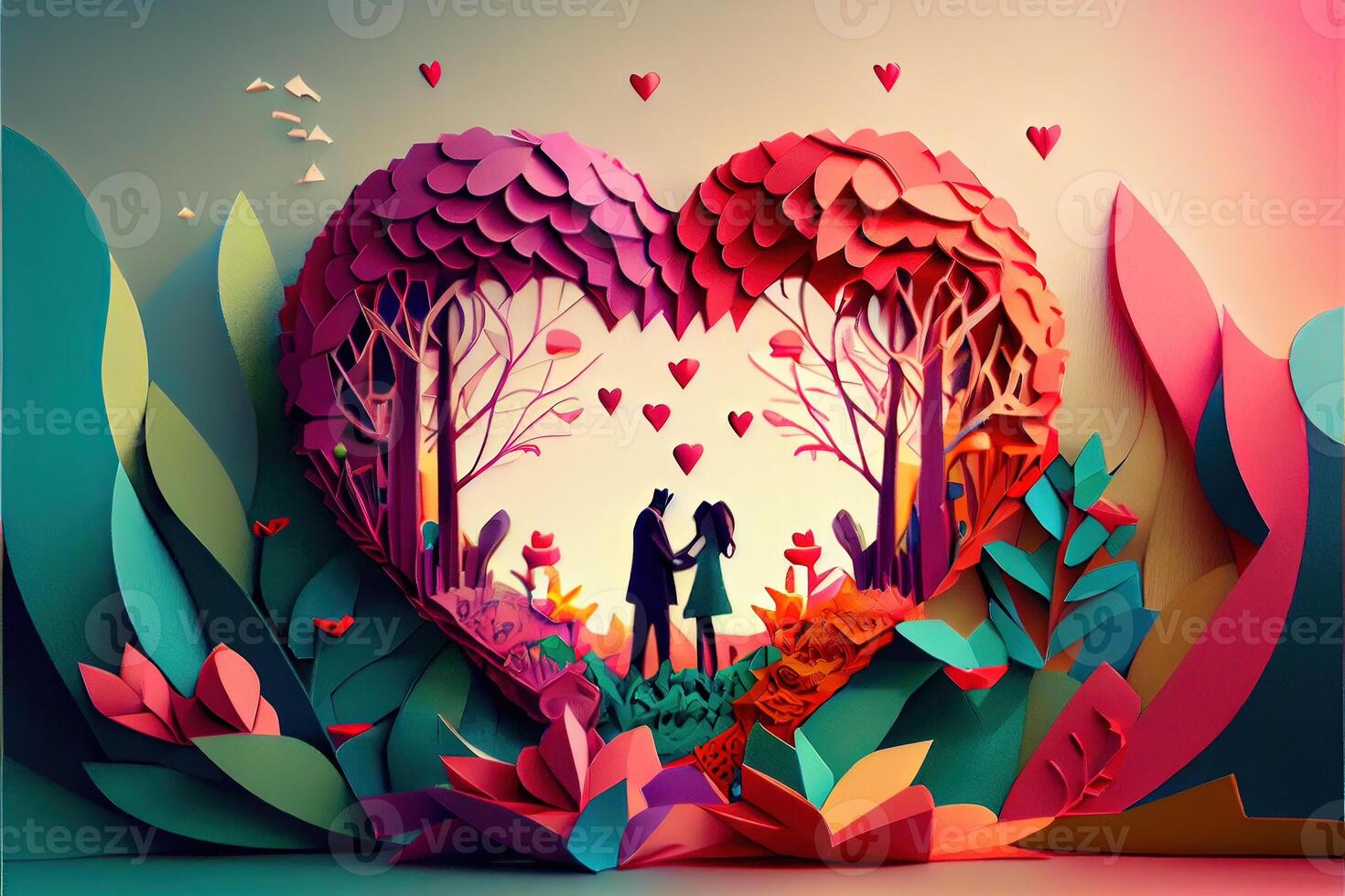 generativo ai ilustração do origami namorados dia fundo, feliz casal, colorido. papel cortar arte, 3d papel estilo. neural rede gerado arte. digitalmente gerado imagem foto