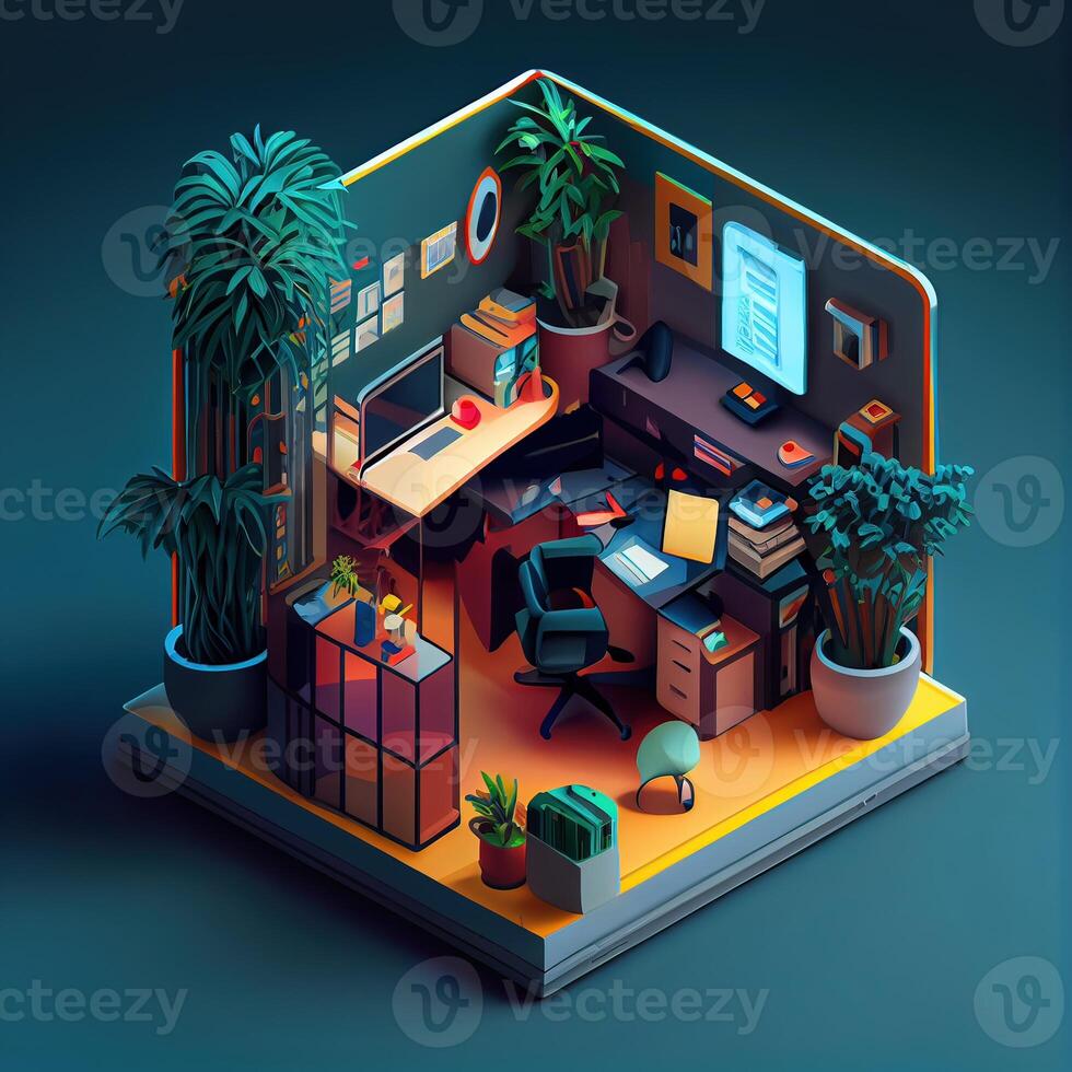 generativo ai ilustração do escritório em inteligente telefone, isométrico diorama, terra trama, pop cor, colorido. digitalmente gerado imagem foto