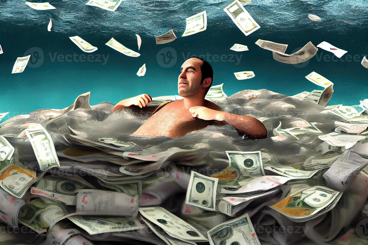 generativo ai ilustração do homem natação dentro a muito ampla pilha do dinheiro foto