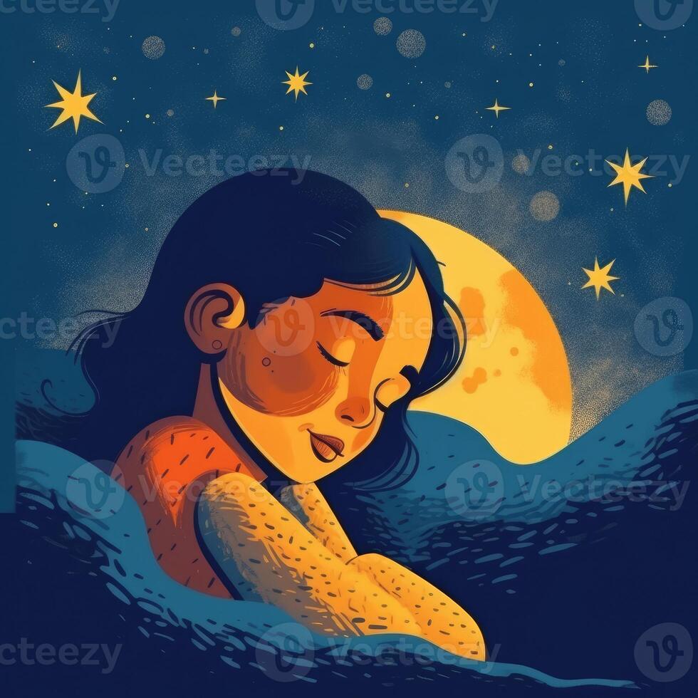 menina dormindo entre a azul céu, brilhante lua e estrelas, desenho animado com generativo ai foto