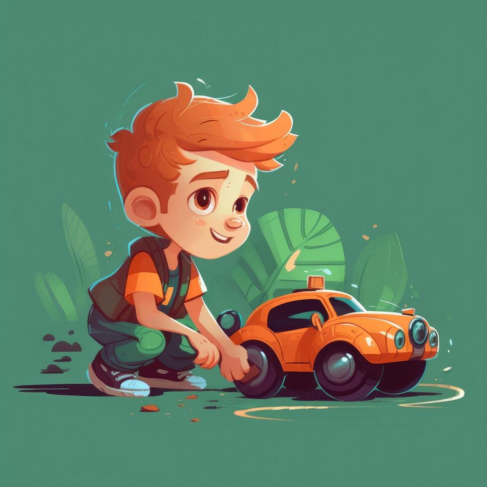 Garoto jogando com brinquedo carro, desenho animado ilustração com generativo ai foto