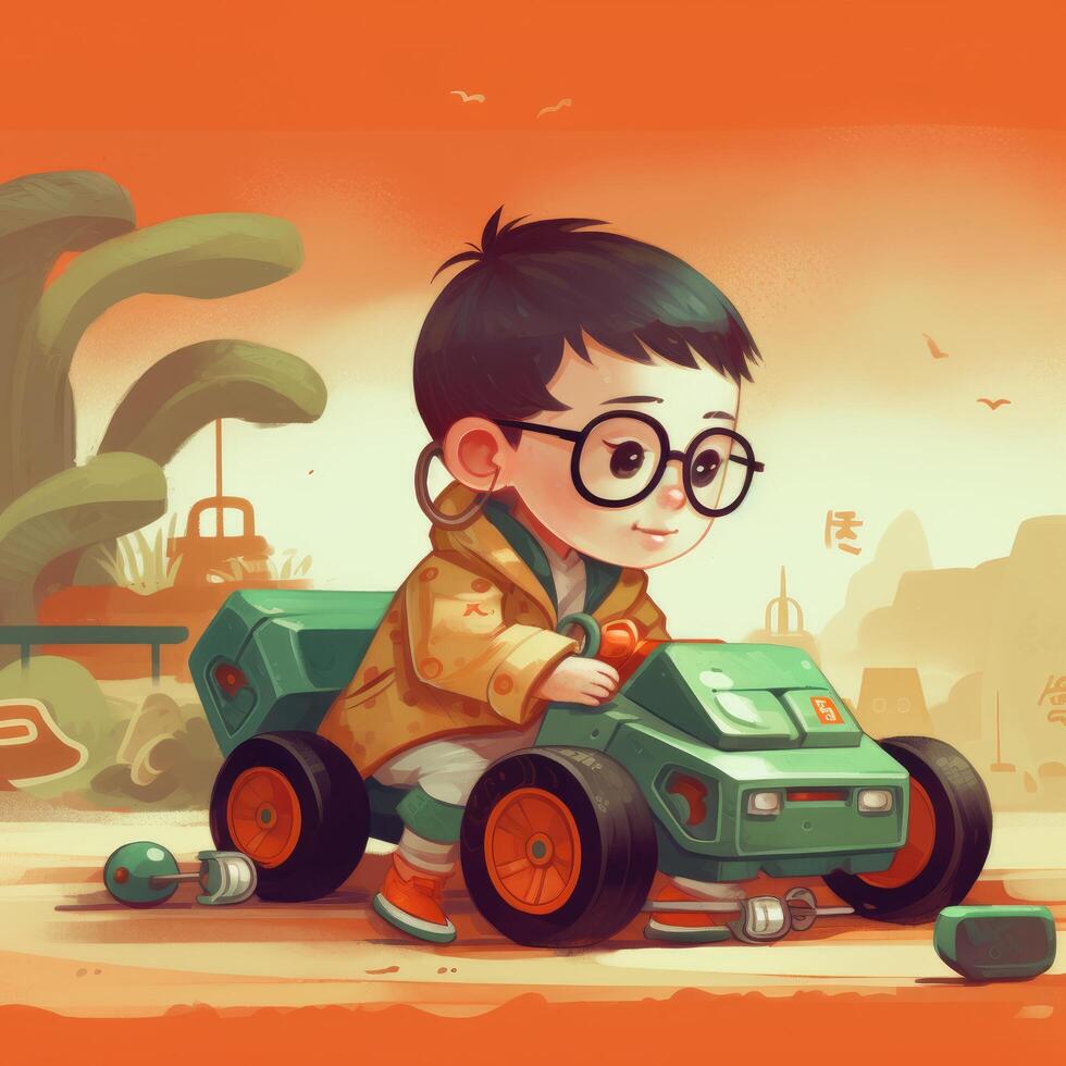 Garoto jogando com brinquedo carro, desenho animado ilustração com generativo ai foto