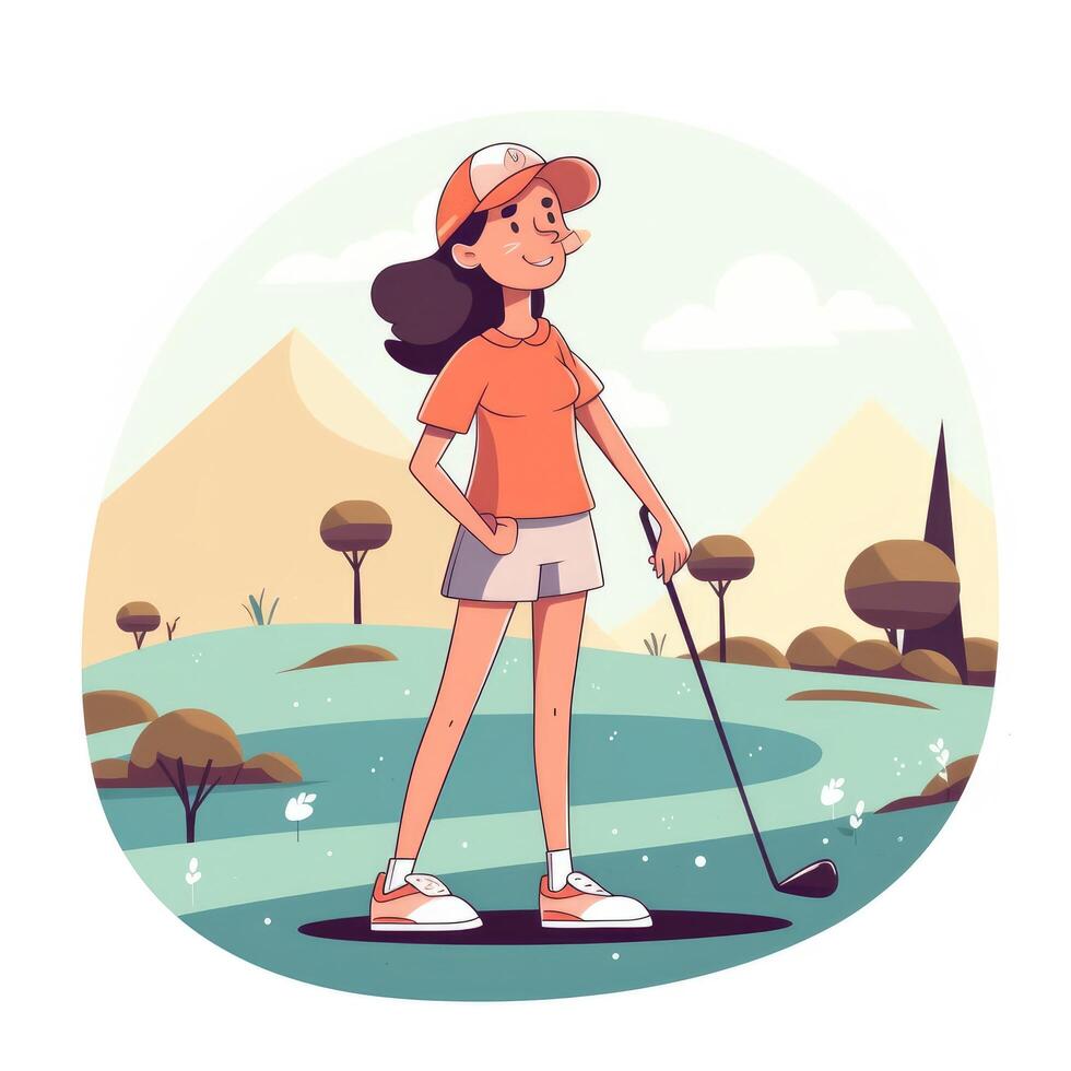 menina jogador de golfe jogando uma verde fundo, desenho animado ilustração com generativo ai foto