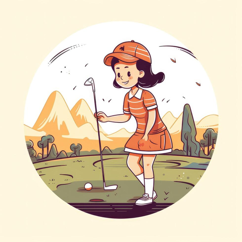 menina jogador de golfe jogando uma verde fundo, desenho animado ilustração com generativo ai foto