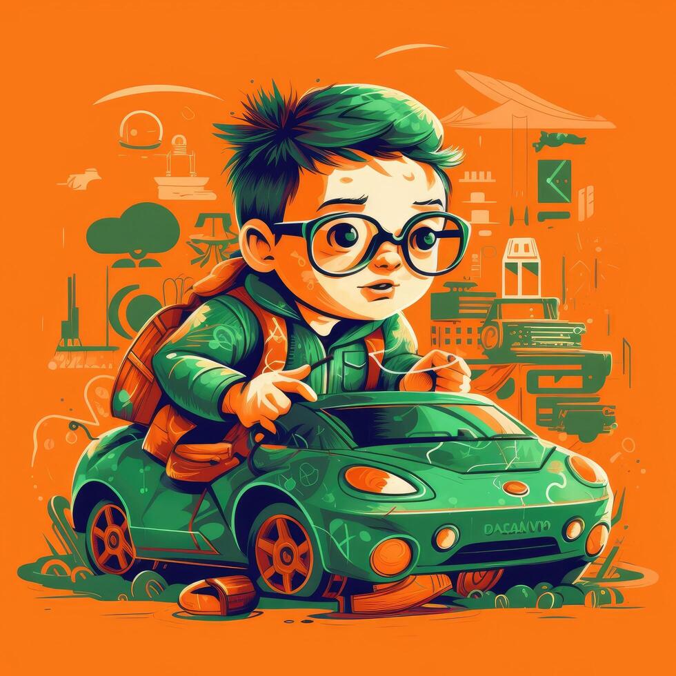 Garoto jogando com brinquedo carro, desenho animado ilustração com generativo ai foto