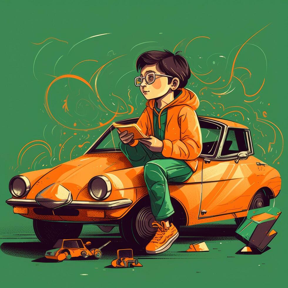Garoto jogando com brinquedo carro, desenho animado ilustração com generativo ai foto