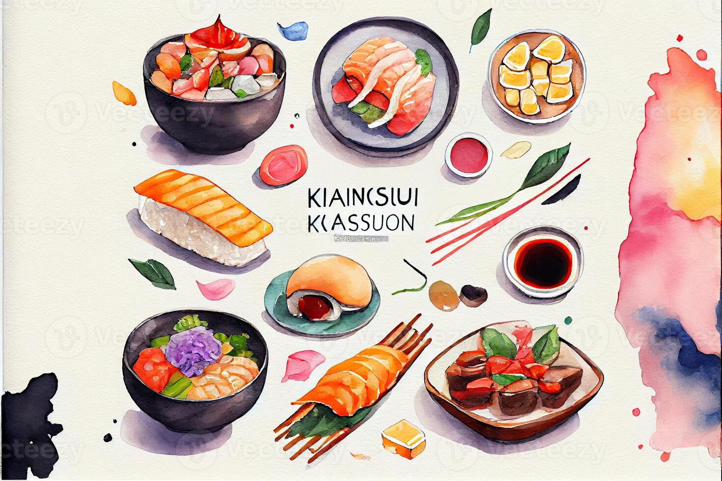 generativo ai ilustração do knolling japonês cozinha comida, aguarela pintura estilo, conjunto do ásia Comida foto