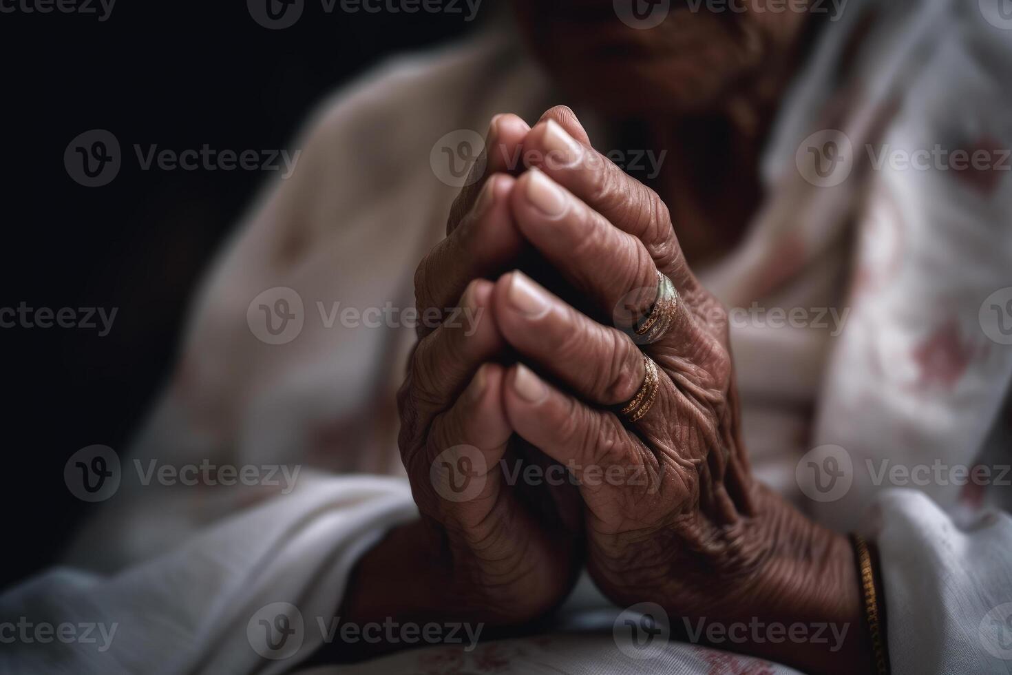 fêmea mãos juntos oração para Deus, arrependimento generativo ai foto