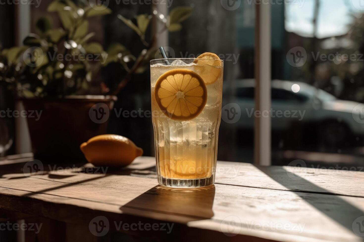 frio limonada dentro vidro em mesa ao ar livre cafeteria generativo ai foto