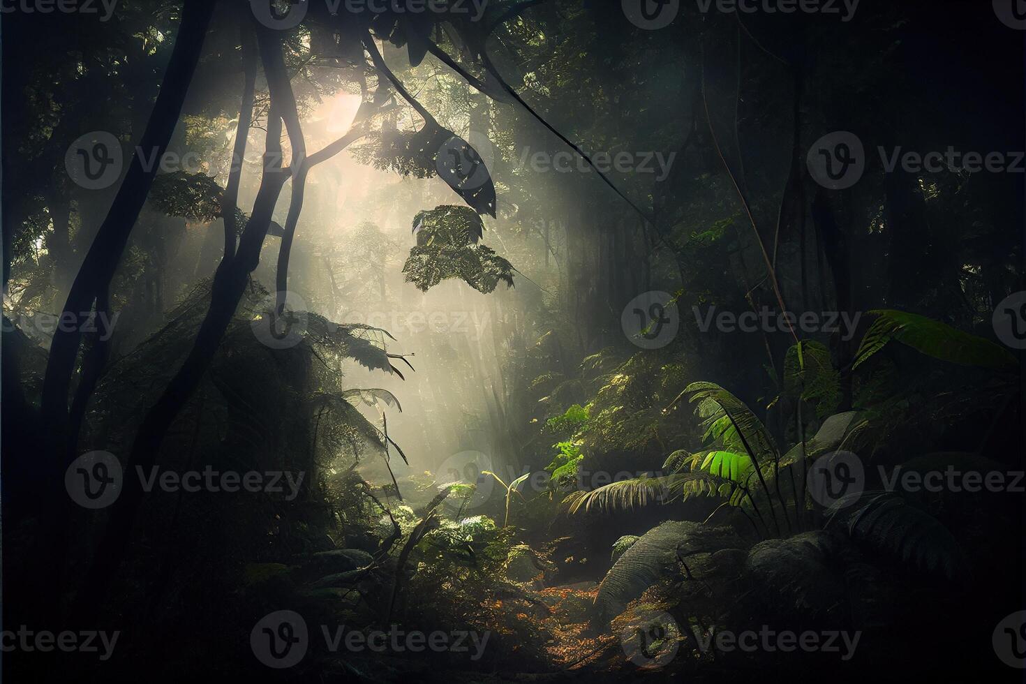 generativo ai ilustração do Sombrio floresta tropical, Sol raios através a árvores, rico selva vegetação. atmosférico fantasia floresta foto