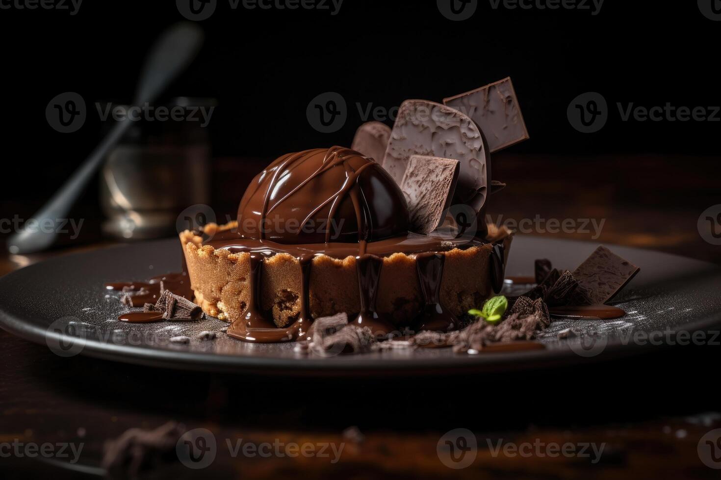 tradicional caseiro chocolate bolo doce pastelaria sobremesa com Castanho glacê, cerejas, framboesa, groselha em vintage de madeira fundo. Sombrio Comida foto, rústico estilo, natural claro. generativo ai. foto