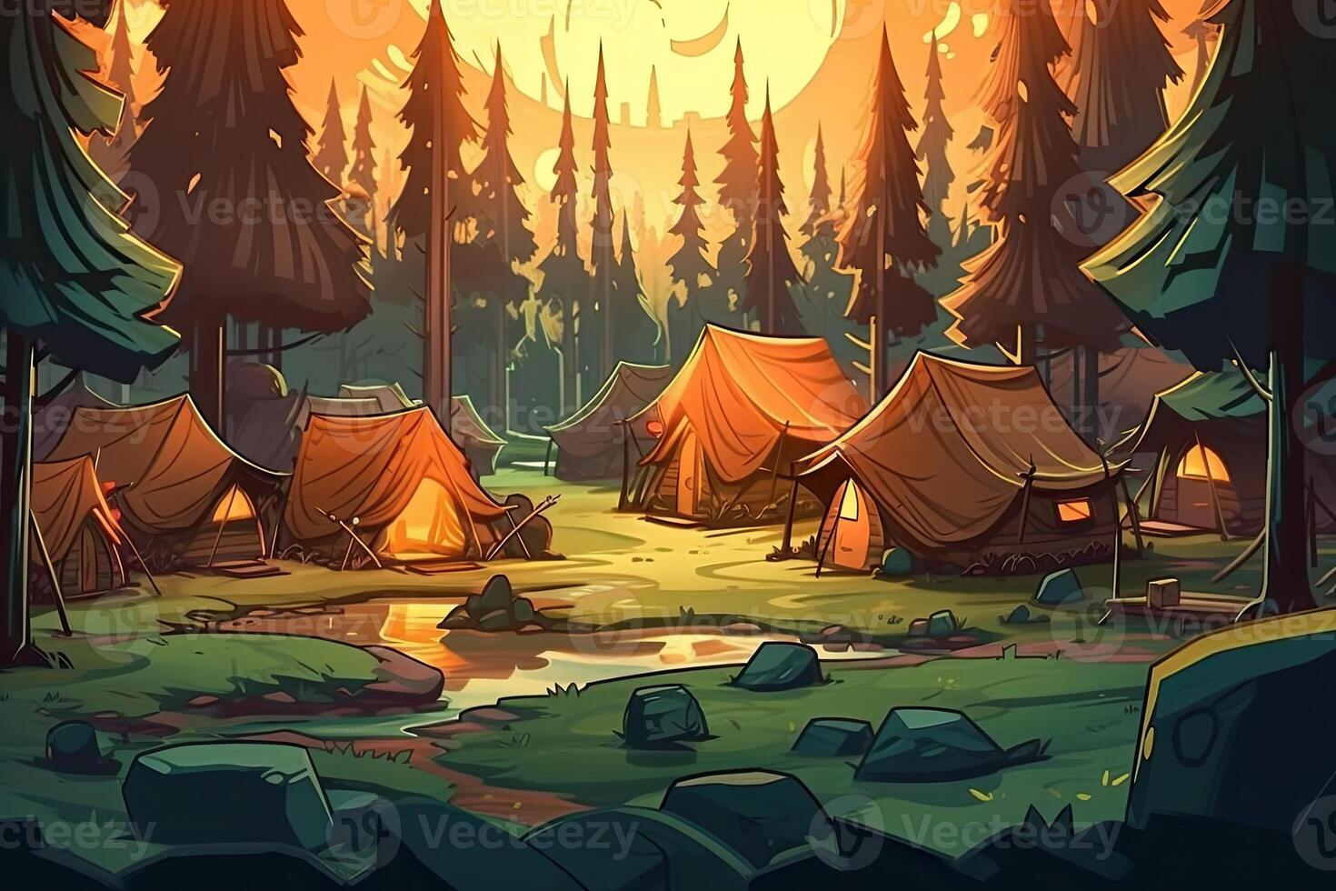 verão floresta ou montanha turista área de camping ou acampamento com tendas e lareira, plano desenho animado vetor ilustração. verão mochileiros acampamento fundo. generativo ai. foto