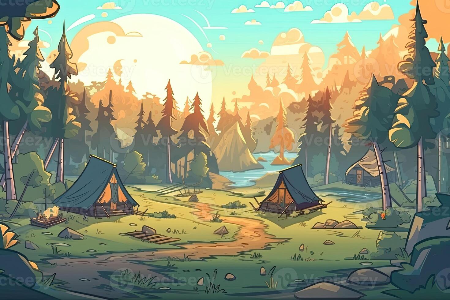 verão floresta ou montanha turista área de camping ou acampamento com tendas e lareira, plano desenho animado vetor ilustração. verão mochileiros acampamento fundo. generativo ai. foto