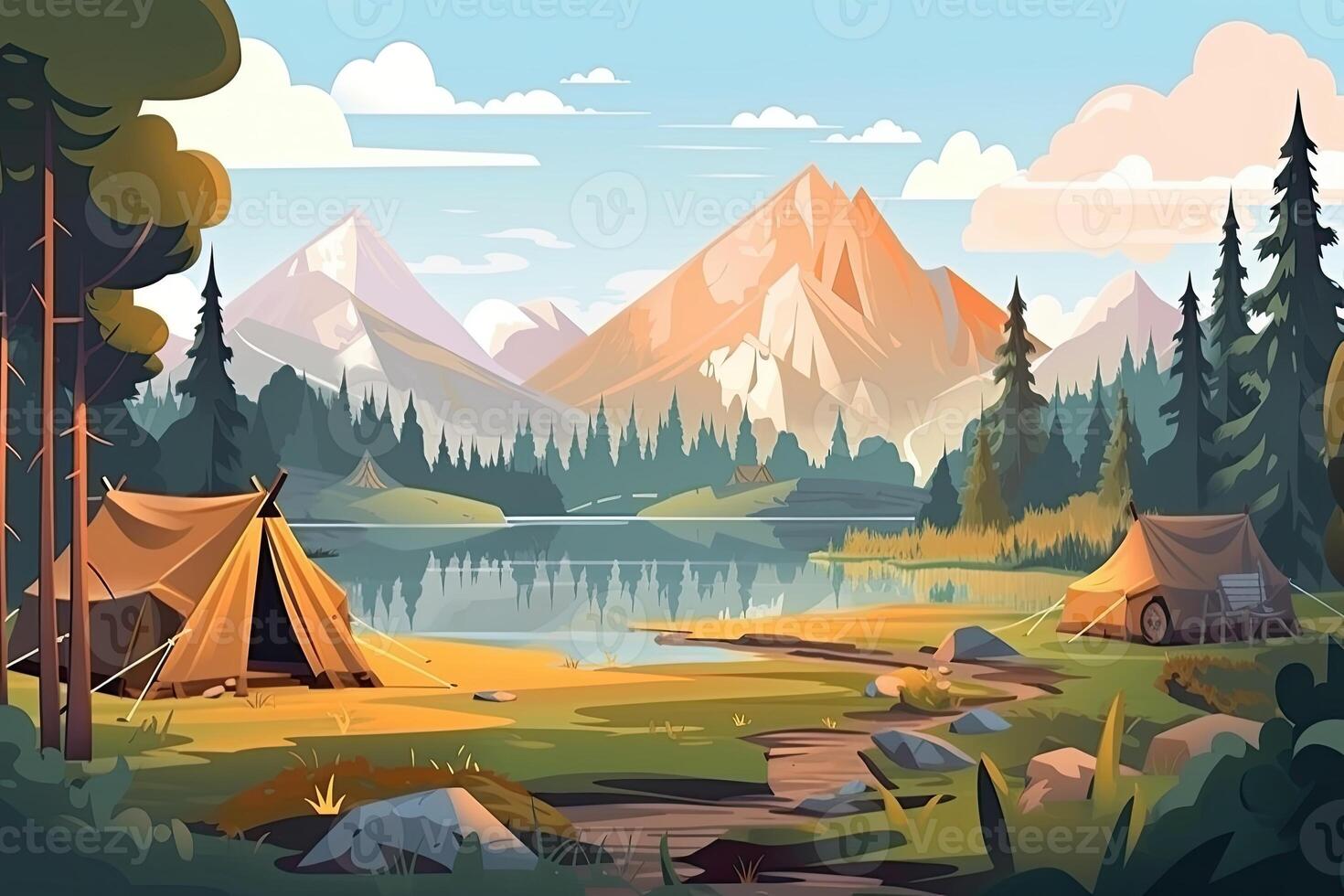 verão floresta ou montanha turista área de camping ou acampamento com tendas e lareira, plano desenho animado vetor ilustração. verão mochileiros acampamento fundo. generativo ai. foto