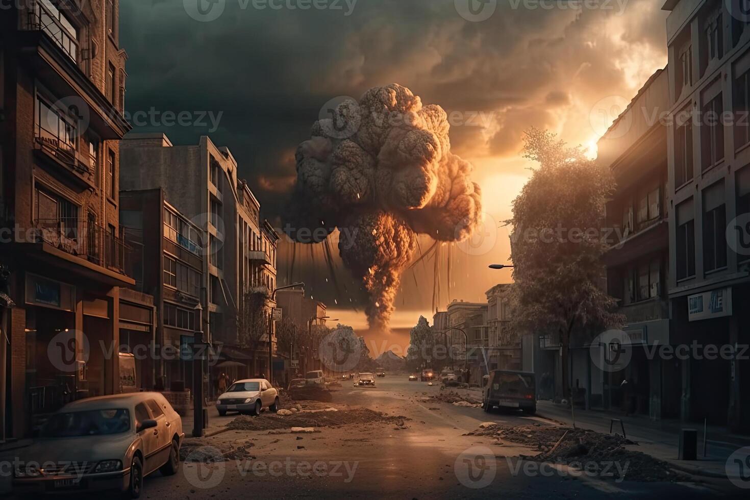 a explosão do a nuclear bombear. fim do mundo ilustração. nuclear guerra ameaça conceito. uma moderno nuclear bombear explosão sobre uma pequeno cidade. generativo ai foto