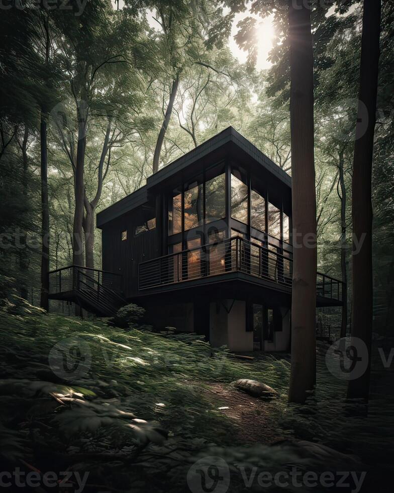 uma moderno casa dentro floresta perfeito para isolado período de férias ou somente uma pacífico relaxar dentro a conexão com natureza. moderno arquitetura. generativo ai. foto