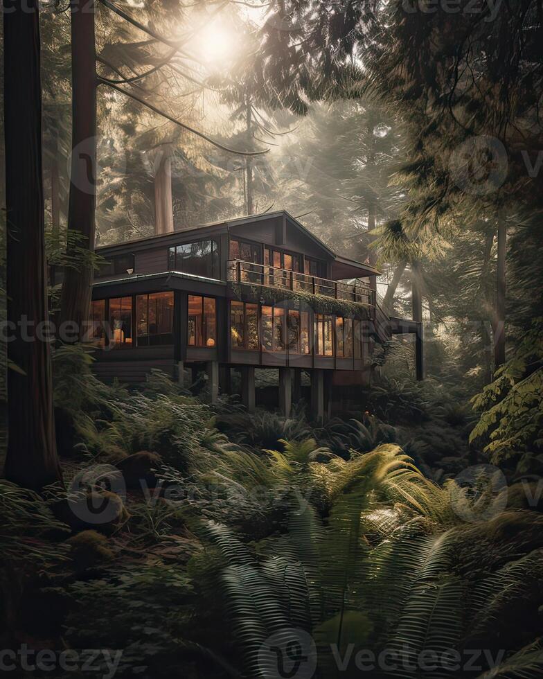 uma moderno casa dentro floresta perfeito para isolado período de férias ou somente uma pacífico relaxar dentro a conexão com natureza. moderno arquitetura. generativo ai. foto